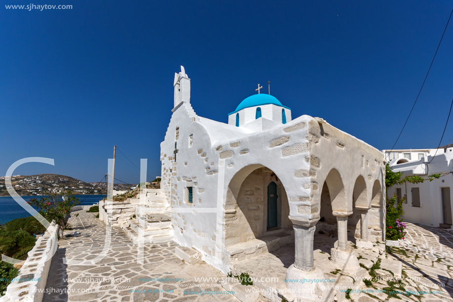 White chuch in town of Parakia, Paros island, Cyclades, Greece