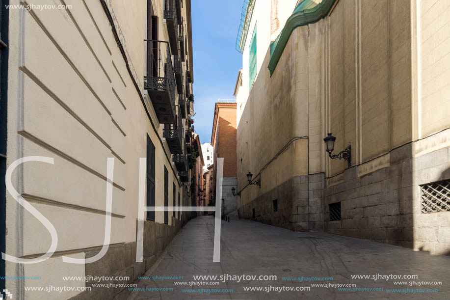 MADRID, SPAIN - JANUARY 23, 2018: Facade of typical Buildings and streets in City of Madrid, Spain