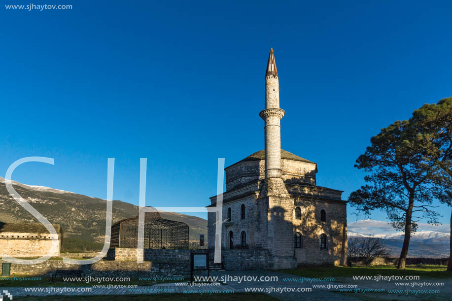 IOANNINA, GREECE - DECEMBER 27, 2014: Amazing Sunset view of Fethiye Mosque in castle of city of Ioannina, Epirus, Greece