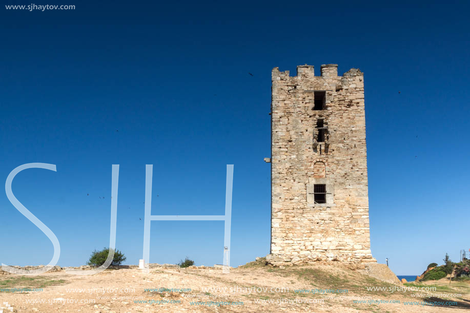 NEA FOKEA, KASSANDRA, CHALKIDIKI, GREECE - JUNE 24, 2014: Byzantine Tower in of Nea Fokea at Kassandra peninsula, Chalkidiki, Central Macedonia, Greece