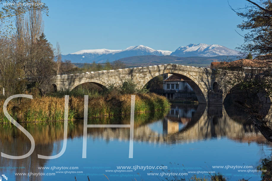 Autumn view of Kadin most - a 15th-century stone arch bridge over the Struma River at Nevestino, Kyustendil Province, Bulgaria