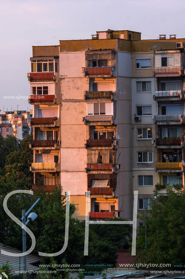 PLOVDIV, BULGARIA - AUGUST 3, 2018: Sunset view of Typical residential building from the communist period in city of Plovdiv, Bulgaria