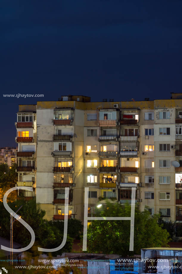 PLOVDIV, BULGARIA - AUGUST 3, 2018: Night Photo of Typical residential building from the communist period in city of Plovdiv, Bulgaria