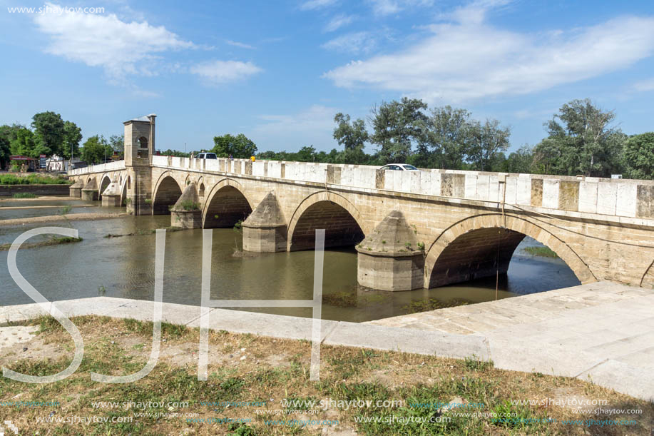 EDIRNE, TURKEY - MAY 26, 2018: Bridge from period of Ottoman Empire over Tunca River in city of Edirne,  East Thrace, Turkey
