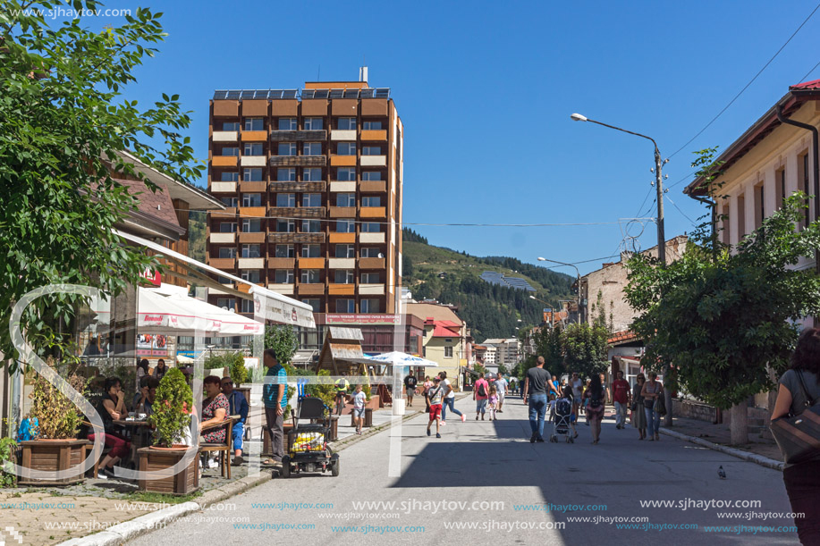 CHEPELARE, BULGARIA - AUGUST 14, 2018: Summer view of Center of the famous Bulgarian ski resort Chepelare, Smolyan Region, Bulgaria