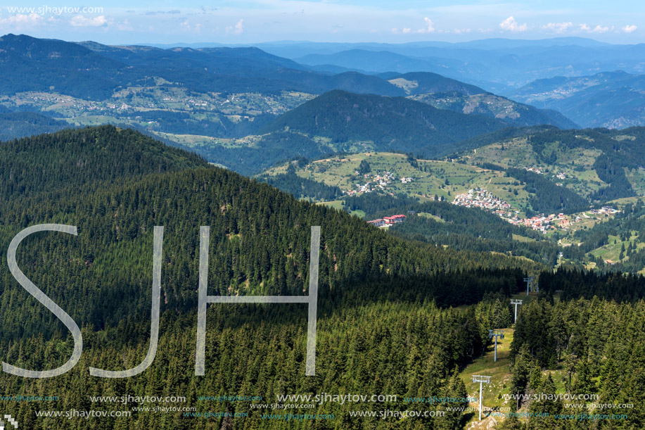 Amazing landscape of Rhodope Mountains from Snezhanka tower near ski resort Pamporovo, Smolyan Region, Bulgaria