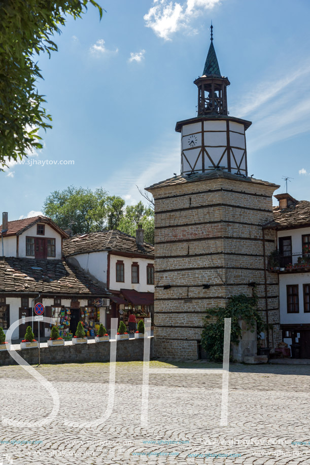 TRYAVNA, BULGARIA - JULY 6, 2018: Medieval clock Tower at the Center of historical town of Tryavna, Gabrovo region, Bulgaria