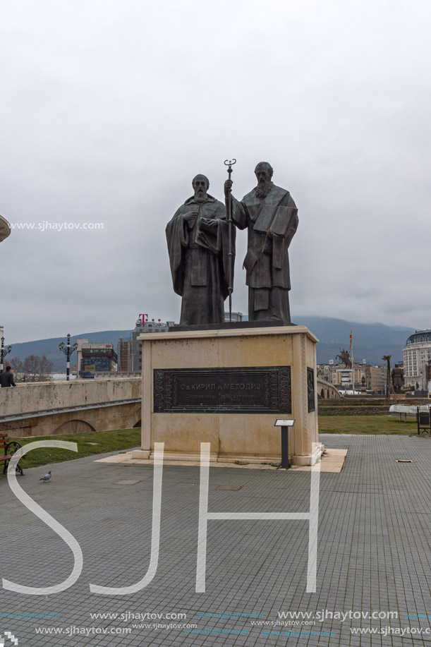 SKOPJE, REPUBLIC OF MACEDONIA - FEBRUARY 24, 2018:  Monument of St. Cyril and Methodius in Skopje, Republic of Macedonia