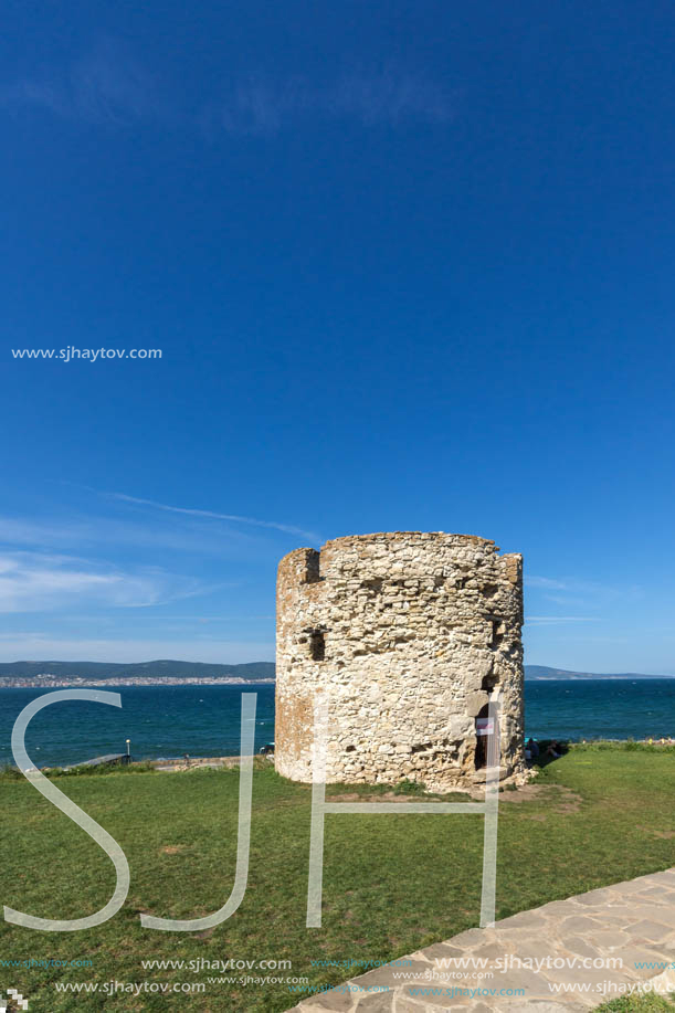 NESSEBAR, BULGARIA - AUGUST 12, 2018: Ruins of Ancient Battle Tower in old town of Nessebar, Burgas Region, Bulgaria