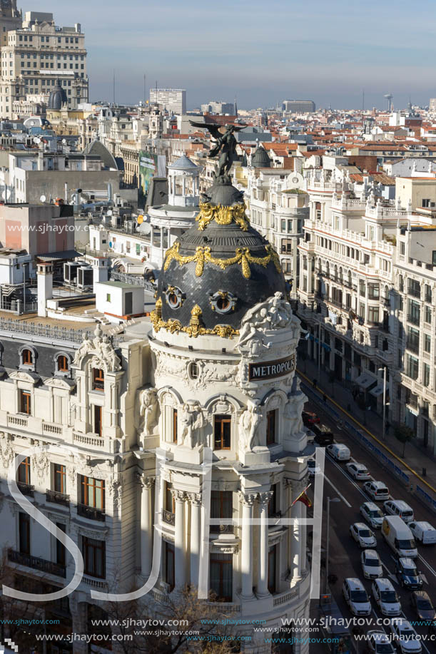 MADRID, SPAIN - JANUARY 24, 2018:  Amazing Panoramic view of city of Madrid from Circulo de Bellas Artes, Spain