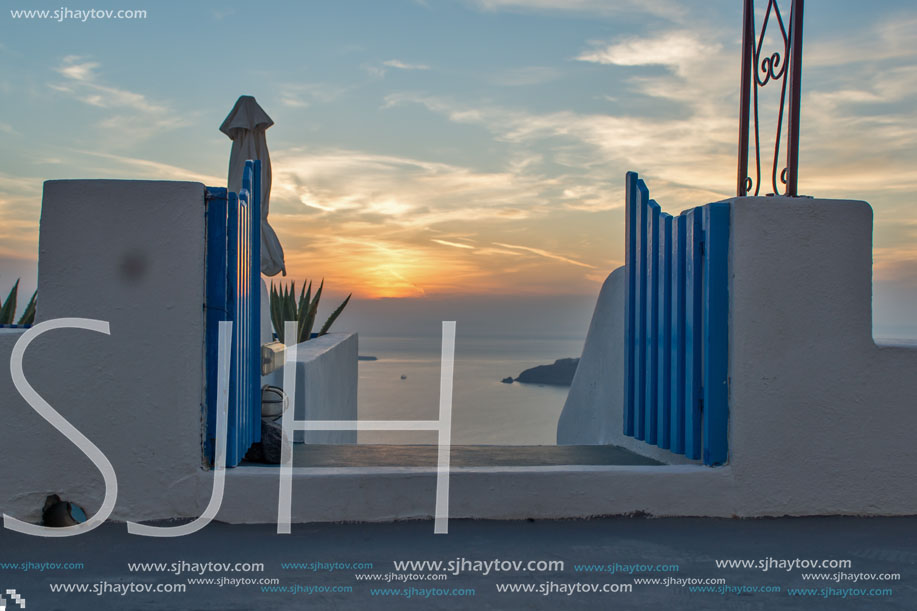 Cyclades Islands Sunset Landscape, Town of Imerovigli, Santorini, Thira,