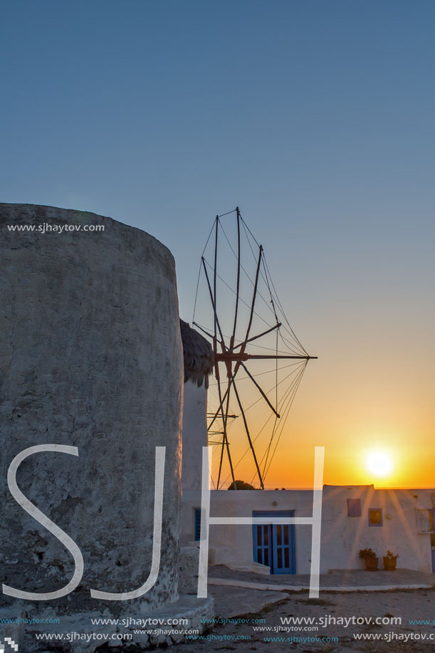 Sunset at White windmill on the island of Mykonos, Cyclades Islands