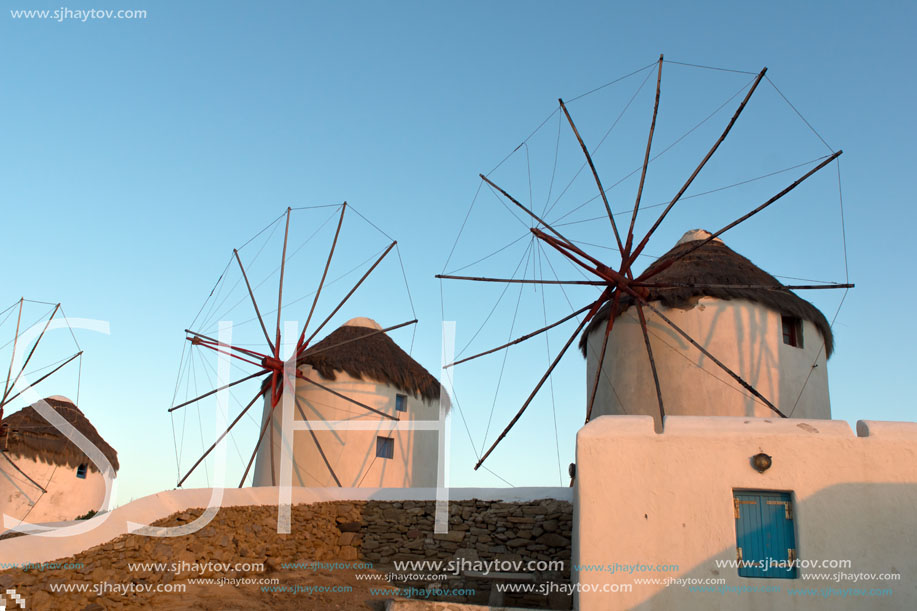 Sunset at White windmill on the island of Mykonos, Cyclades Islands