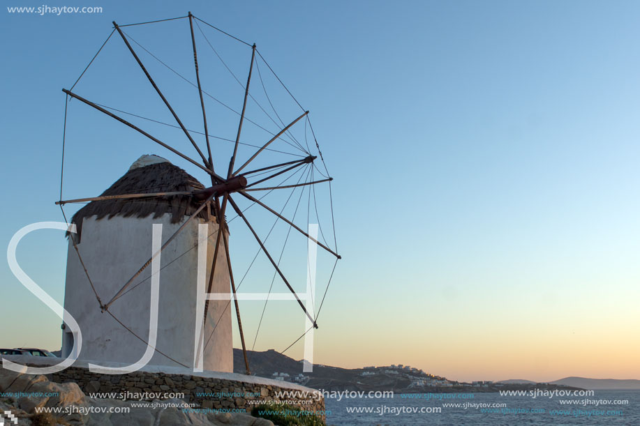 Sunset at White windmill on the island of Mykonos, Cyclades Islands