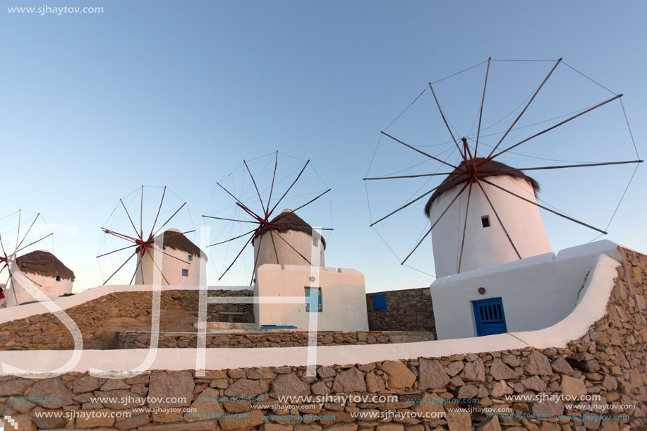 Sunset at White windmill on the island of Mykonos, Cyclades Islands