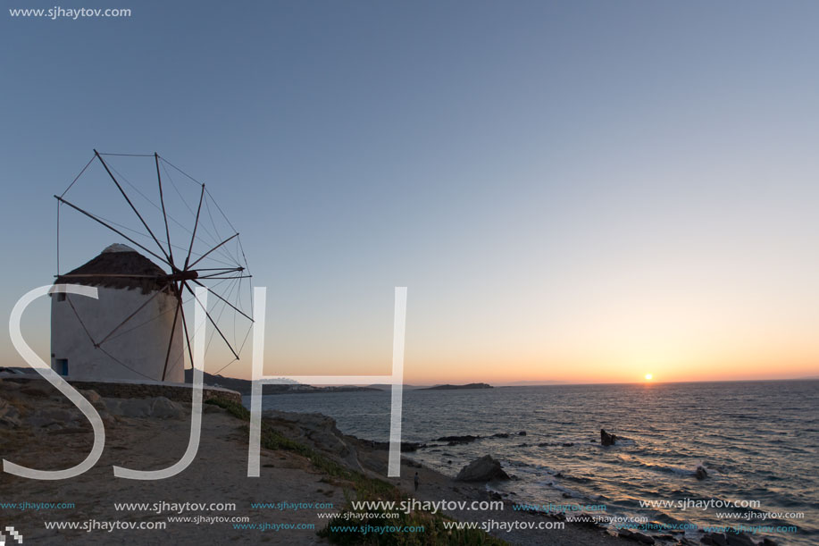 Sunset at White windmill on the island of Mykonos, Cyclades Islands