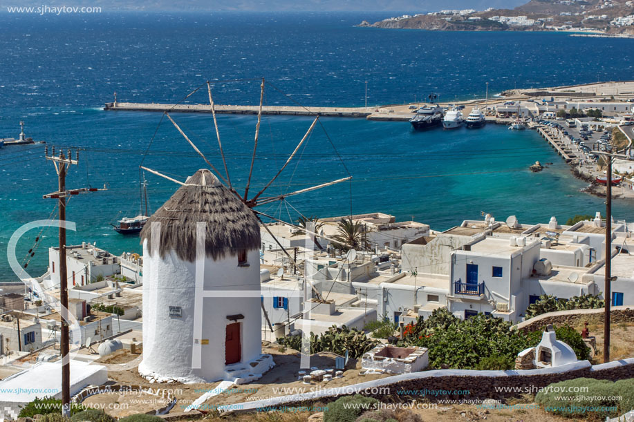 White windmill and Mykonos town, the island of Mykonos, Cyclades