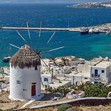 White windmill and Mykonos town, the island of Mykonos, Cyclades