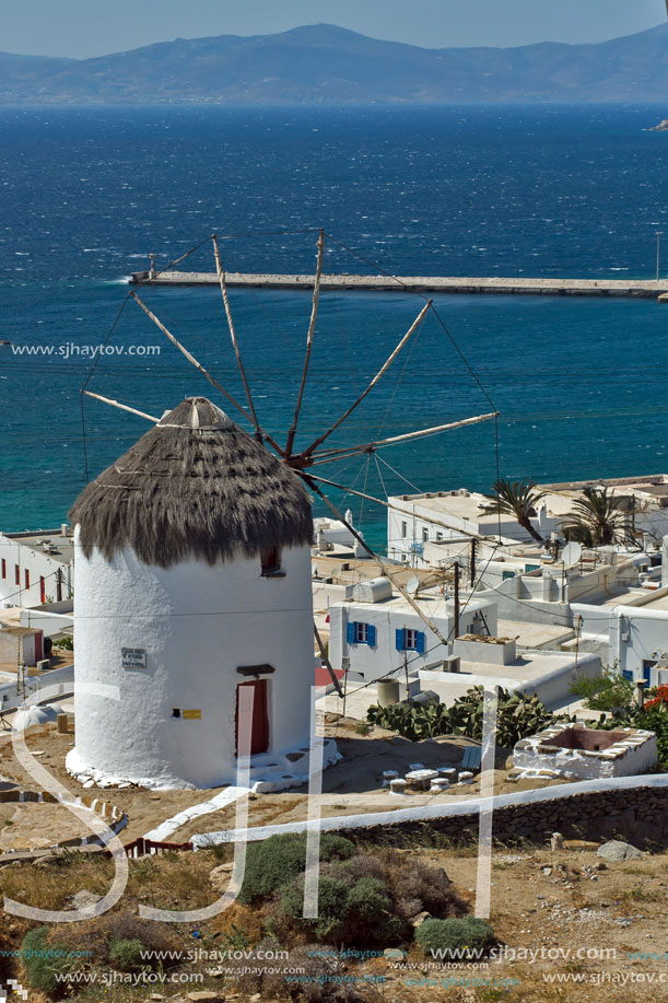 White windmill and Mykonos town, the island of Mykonos, Cyclades