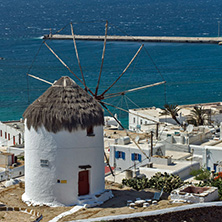 White windmill and Mykonos town, the island of Mykonos, Cyclades