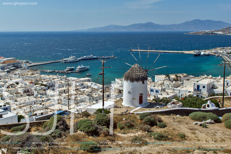 White windmill and Mykonos town, the island of Mykonos, Cyclades