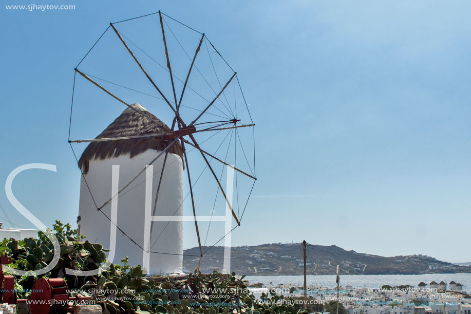 White windmill and Mykonos town, the island of Mykonos, Cyclades