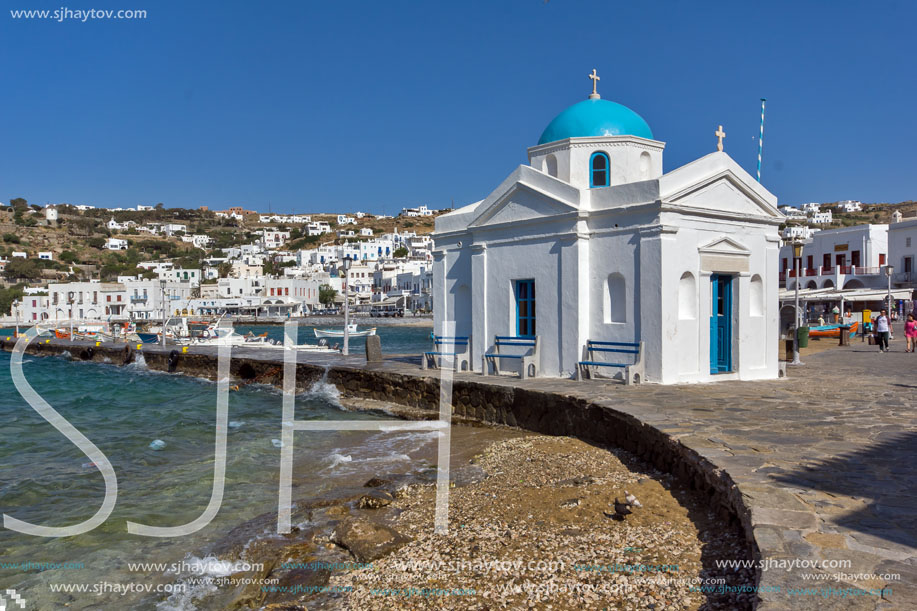 Port of Mikonos Town and church, island of Mykonos, Cyclades Islands
