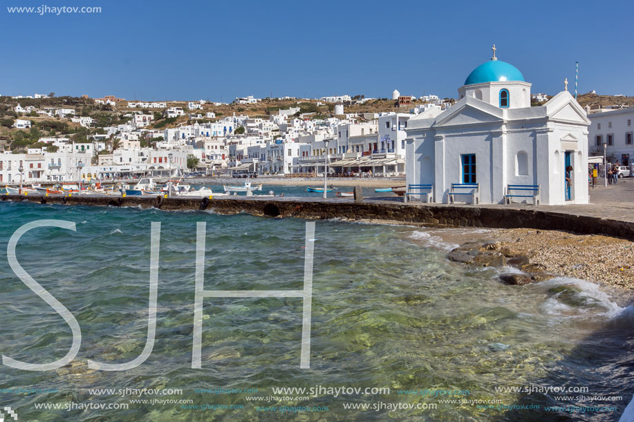 Port of Mikonos Town and church, island of Mykonos, Cyclades Islands