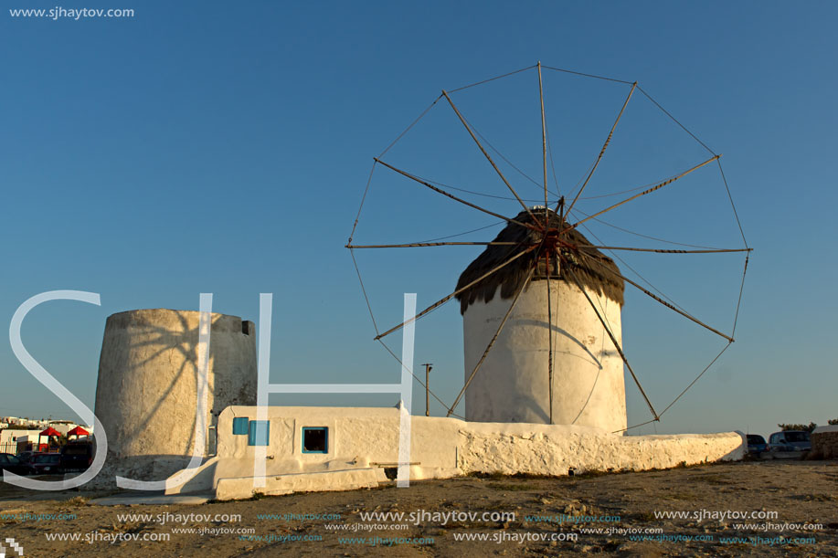 Sunset at White windmill on the island of Mykonos, Cyclades