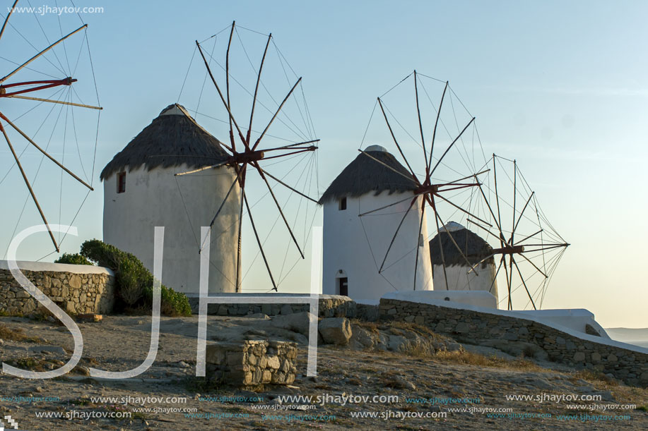 Sunset at White windmill on the island of Mykonos, Cyclades