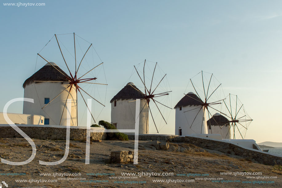 Sunset at White windmill on the island of Mykonos, Cyclades