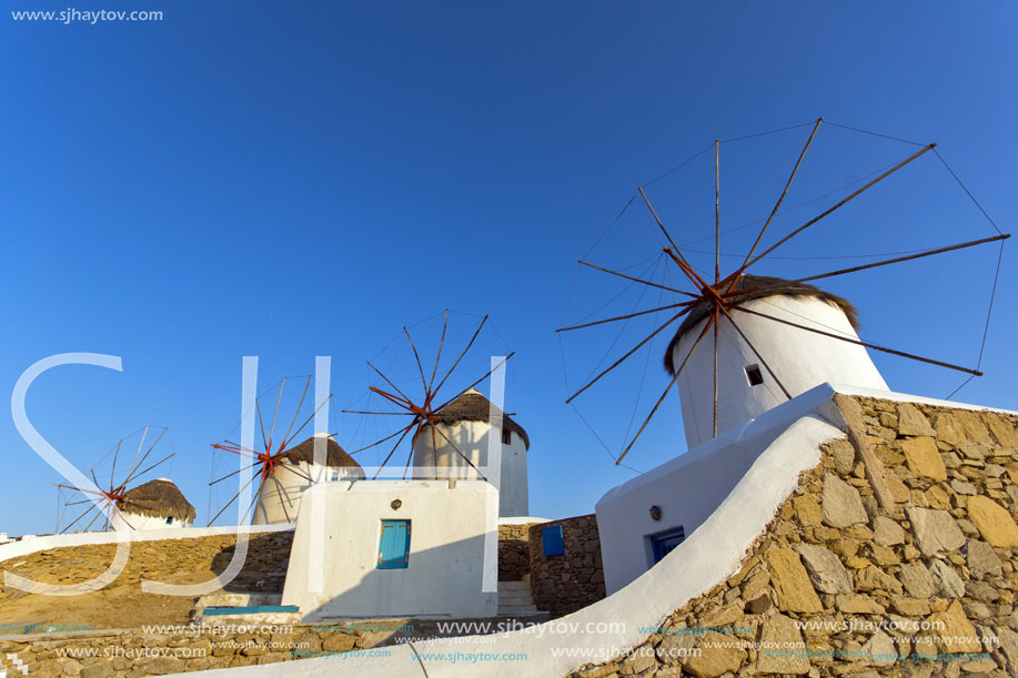 Sunset at White windmill on the island of Mykonos, Cyclades