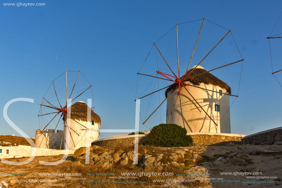 Sunset at White windmill on the island of Mykonos, Cyclades