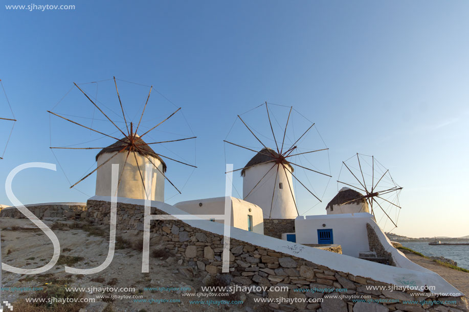 Sunset at White windmill on the island of Mykonos, Cyclades