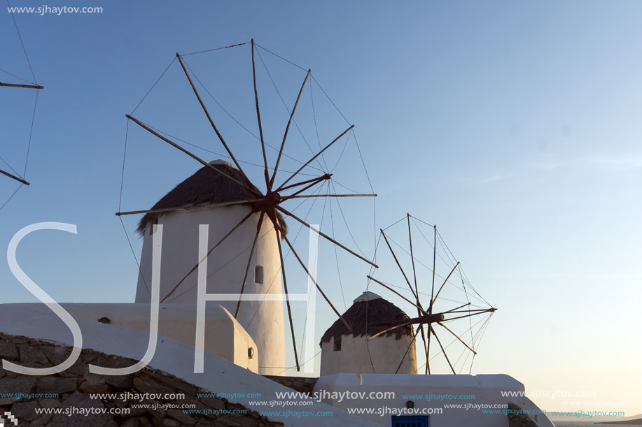 Sunset at White windmill on the island of Mykonos, Cyclades