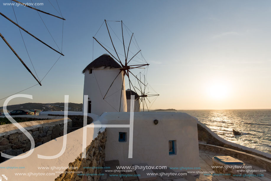 Sunset at White windmill on the island of Mykonos, Cyclades