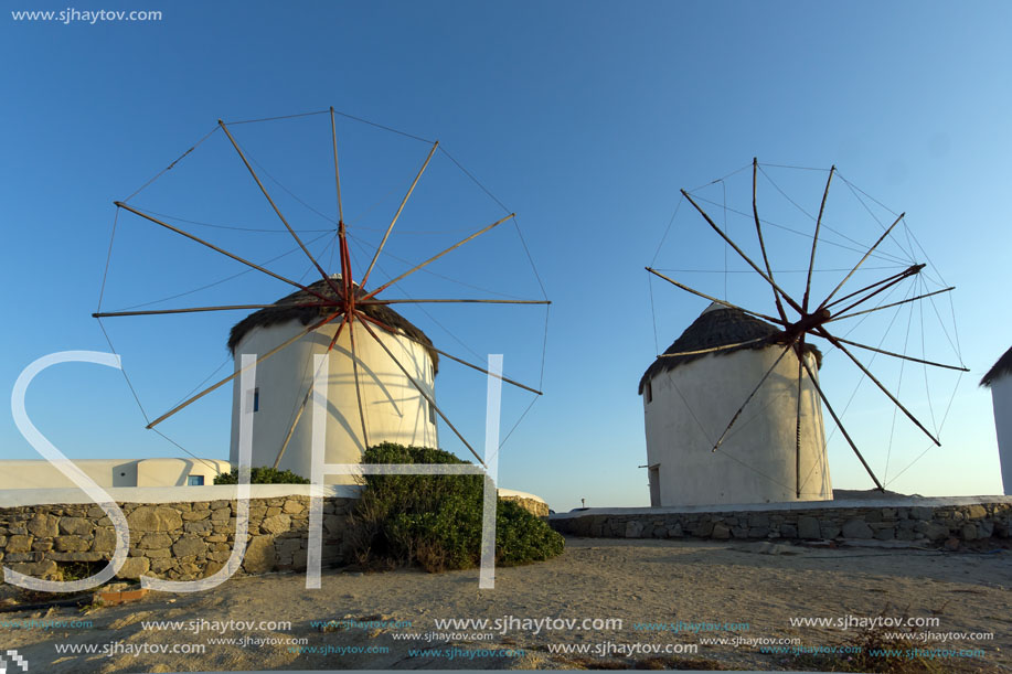 Sunset at White windmill on the island of Mykonos, Cyclades