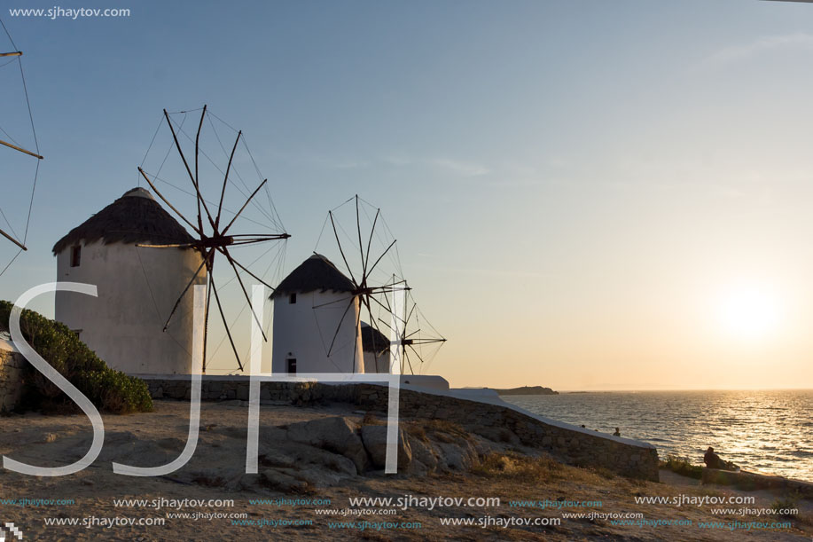 Sunset at White windmill on the island of Mykonos, Cyclades