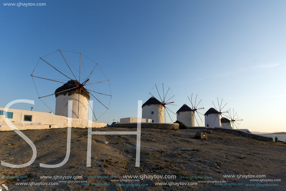 Sunset at White windmill on the island of Mykonos, Cyclades