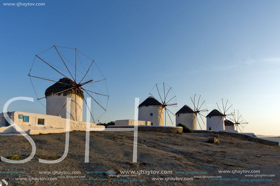 Sunset at White windmill on the island of Mykonos, Cyclades