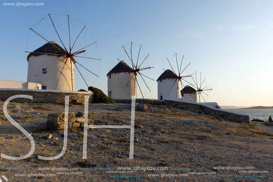 Sunset at White windmill on the island of Mykonos, Cyclades