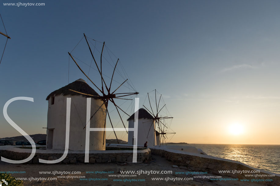 Sunset at White windmill on the island of Mykonos, Cyclades