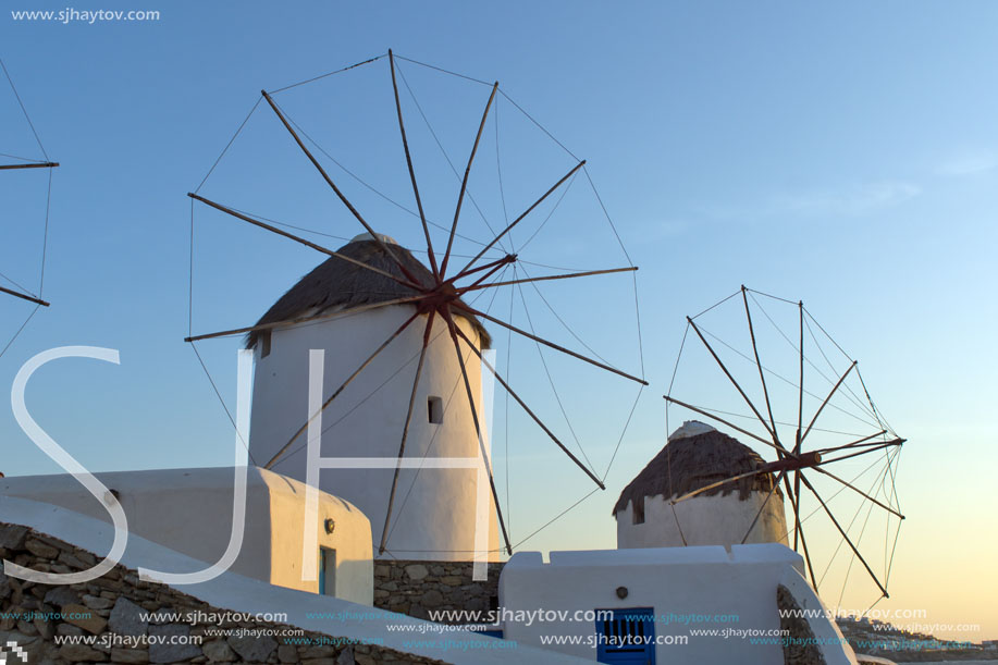 Sunset at White windmill on the island of Mykonos, Cyclades