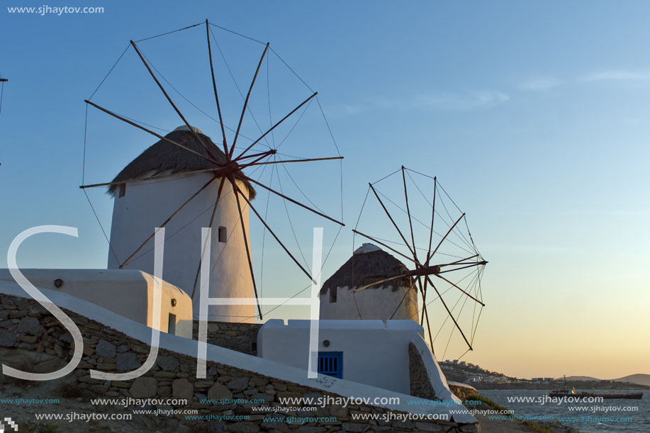 Sunset at White windmill on the island of Mykonos, Cyclades