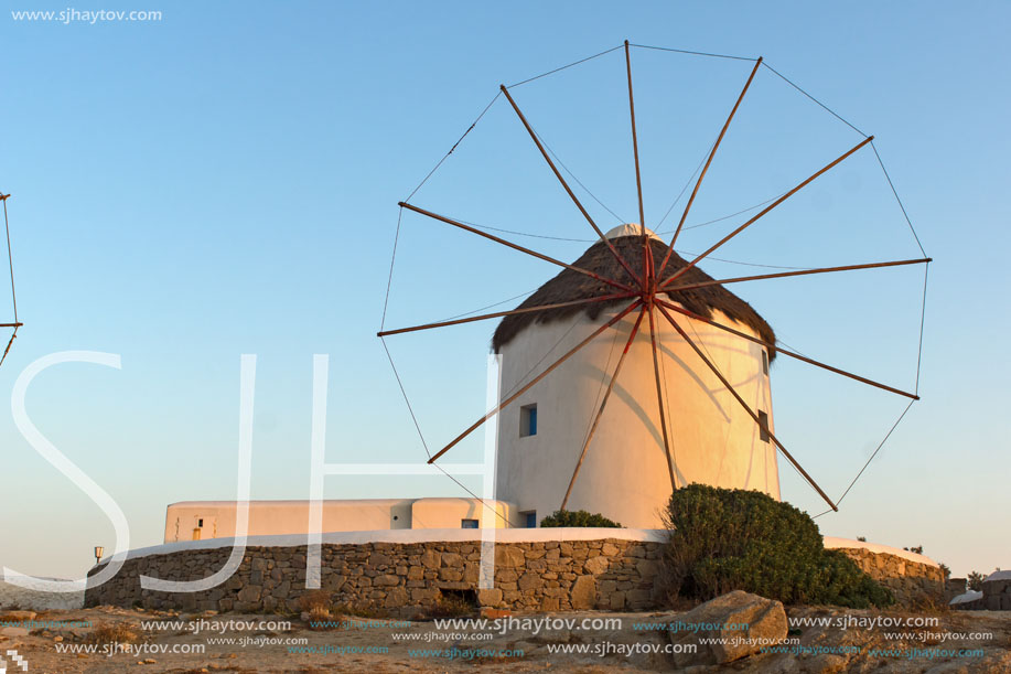 Sunset at White windmill on the island of Mykonos, Cyclades