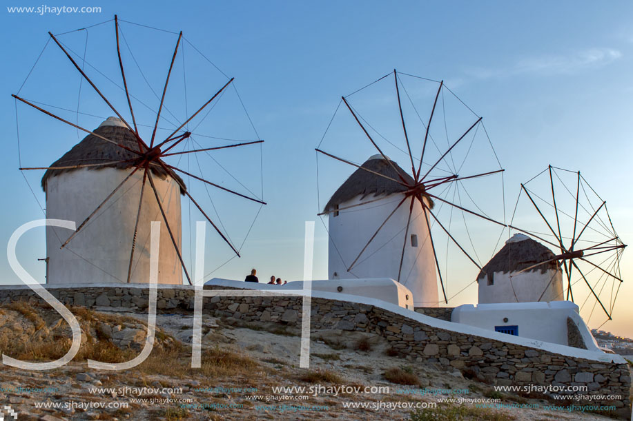 Sunset at White windmill on the island of Mykonos, Cyclades