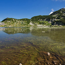 The Fish lake and mountain hut, The Seven Rila Lakes, Rila Mountain, Bulgaria