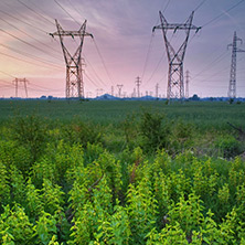 Sunset over High-voltage power lines in the land around Plovdiv, Bulgaria