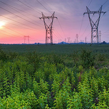 Sunset over High-voltage power lines in the land around Plovdiv, Bulgaria