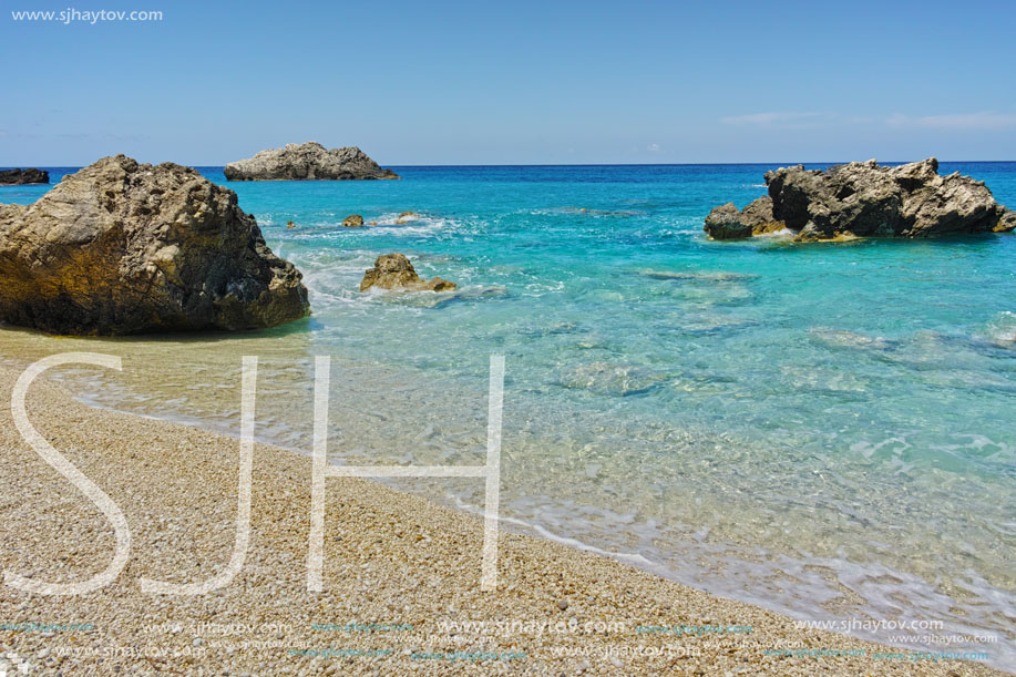 Panoramic view of Megali Petra Beach, Lefkada, Ionian Islands, Greece